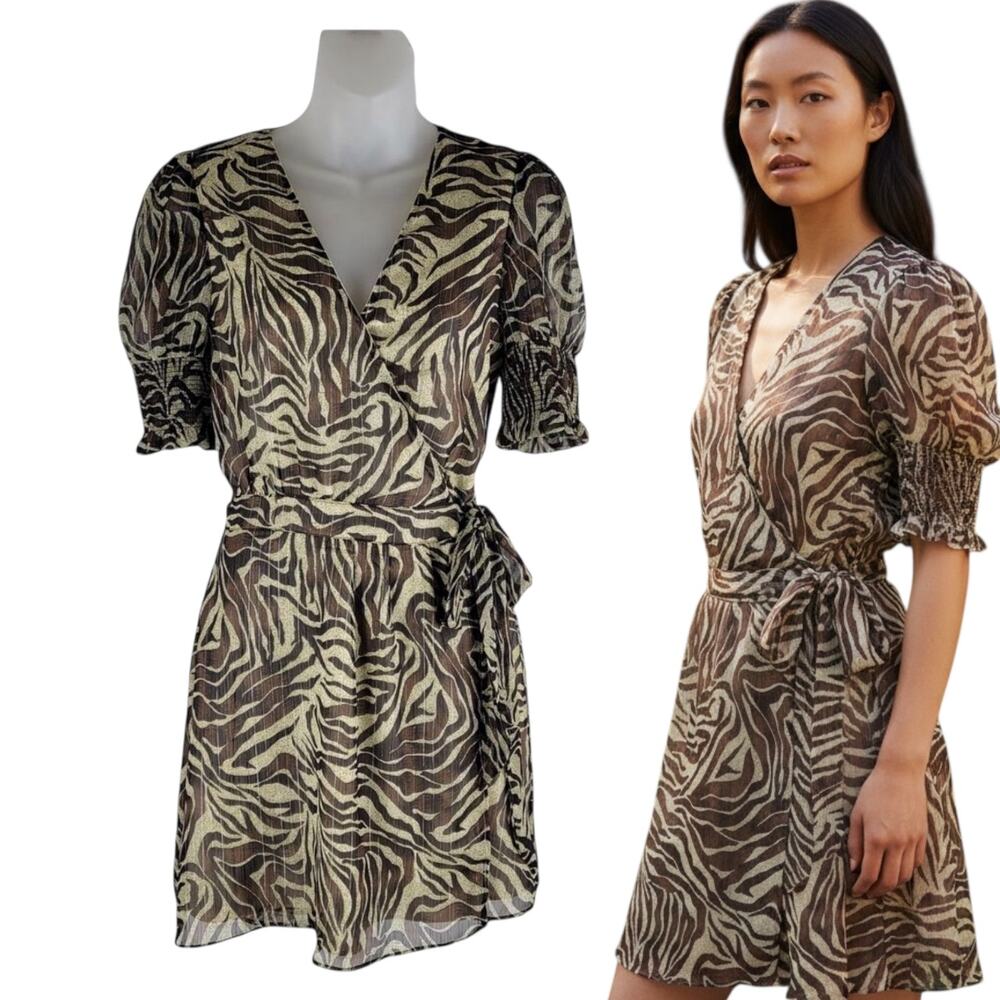 NEW Walter Baker Brandi Puff Sleeve Mini Wrap Dress Animal Print Size S